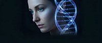 Young woman with glowing blue DNA helix structure beside her face on dark background representing genetic research, biotechnology and medical science innovation.