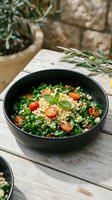 Couscous salad with fresh tomatoes, cucumber, and mint herbs in black bowl on wooden table, ideal for healthy eating and recipe content.