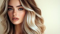 Young woman with blonde balayage hair and blue eyes on beige background. Soft waves frame her face with natural makeup highlighting her features.