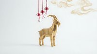 Golden goat statue with hanging ornaments and clouds on white background, isolated design element for home decor and artistic projects.