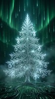 Digital Christmas tree with glowing ornaments in cyber matrix environment with green aurora lights and circuit board patterns for holiday tech designs.