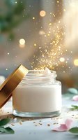 Luxury face cream jar with gold lid and magical sparkles against soft bokeh background, surrounded by delicate pink petals and green leaves.