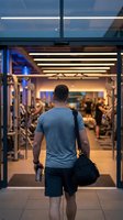 Athletic man entering modern fitness center with gym bag and water bottle ready for workout session.