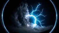 Lightning bolt striking through dark storm clouds with electric blue energy and glowing circular frame border, suitable for weather, power, energy, and dramatic storm backgrounds.