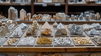 Luxurious display of healing crystals, gemstones and minerals arranged in wooden compartments at metaphysical store. Various colors and shapes create spiritual atmosphere.