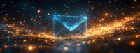 Glowing digital envelope icon with blue light trails and orange particles against dark background, symbolizing electronic communication and data transfer.