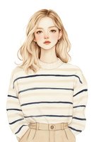 Young Caucasian woman with wavy blonde hair wearing striped cream sweater and beige pants, illustrated in soft contemporary style on white background.