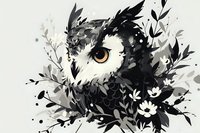 Artistic owl portrait with floral elements in black, white and gray watercolor style, featuring piercing amber eye and decorative botanical details against light background.