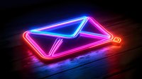 Glowing neon mail envelope icon with vibrant blue and pink colors on dark wooden surface, modern digital communication concept with light reflection effect.