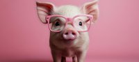 Adorable pink piglet wearing stylish rose-colored glasses against pink background, close up portrait view showing curious expression and detailed facial features.