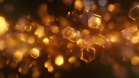 Glowing golden hexagons and bokeh lights floating on dark background create magical atmosphere with blurred particles and geometric shapes.
