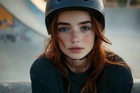 Young redhead woman wearing safety helmet at skate park with freckles and long hair looking at camera in urban sports environment for active lifestyle content.