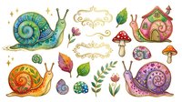 Whimsical snails, mushrooms, and botanical elements in watercolor style, isolated on white background. Perfect for children's designs, stickers, clipart, and creative projects.