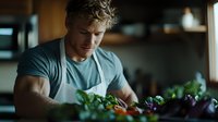 Young athletic Caucasian man in teal t-shirt preparing fresh vegetables in modern kitchen. Natural lighting creates moody atmosphere while highlighting healthy lifestyle.