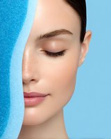Close up portrait of young woman with clean fresh skin and closed eyes behind transparent blue glass panel, beauty and skincare concept.