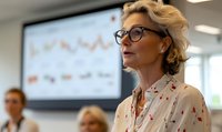 Senior businesswoman with glasses presenting financial data during corporate meeting, colleagues listening attentively in modern office environment.