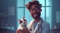Cheerful male veterinarian with beard and glasses holding white kitten with black markings in bright veterinary clinic office.