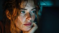 Young redhead woman with freckles and blue eyes in dramatic lighting. Portrait photography with cinematic mood and atmospheric glow for creative projects.