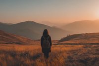 Female hiker with backpack standing in golden mountain meadow at sunset, silhouetted against misty mountain ranges in warm autumn light.