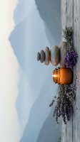 Zen spa stones balanced with lavender herbs and copper bowl on weathered wood creating peaceful wellness meditation scene for relaxation therapy.