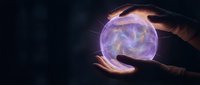 Hand holding glowing purple energy sphere with swirling light effects, representing magic, power, and mystical energy for fantasy, spirituality, and technology concepts.