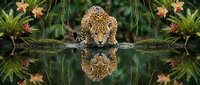 Leopard drinking water from jungle pond with perfect reflection surrounded by tropical plants and hanging vines in lush rainforest habitat.