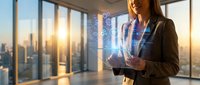 Businesswoman holding digital tablet with glowing holographic data visualization in modern office with city skyline at sunset, representing technology and corporate innovation.