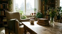 Cozy reading nook with comfortable armchair, wooden table, books and houseplants by sunny window creating warm atmospheric home interior for relaxation.