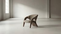 Modern wooden armchair with curved organic design in minimalist bright interior space with natural light from window.