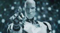 Futuristic humanoid robot with white metallic surface pointing finger forward against blurred blue bokeh background, perfect for artificial intelligence and future technology concepts.