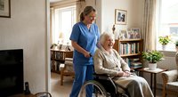 Healthcare worker in blue scrubs assisting elderly woman in wheelchair at home care setting with warm natural lighting and cozy interior.