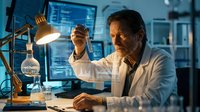 Senior male scientist in white lab coat examining test tube sample in modern laboratory with computer screens and equipment during evening research work.