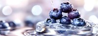 Fresh blueberries splashing into clear water with droplets and ripples creating dynamic motion against soft bokeh background for healthy lifestyle concepts.