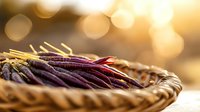 Fresh purple string beans in woven basket with soft golden bokeh background, macro food photography highlighting natural organic produce.