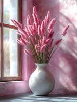 Pink pampas grass arrangement in white ceramic vase on windowsill with soft natural lighting and shadow play against pink wall creating serene atmosphere.