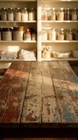 Rustic wooden table with distressed painted surface in foreground, blurred pantry shelves stocked with glass jars containing dry goods, grains, and kitchen essentials in background for food storage and organization concepts.
