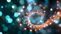Glowing spiral light trail with orange and blue bokeh effect creates magical atmosphere. Abstract background with luminous swirl pattern and blurred circles.