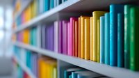 Colorful books arranged in rainbow order on library shelves create vibrant spectrum pattern, selective focus on multicolored book spines for education and learning concepts.