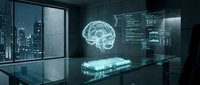 Futuristic office workspace featuring holographic brain visualization and digital data displays, representing artificial intelligence, neural networks, and advanced technology innovation.