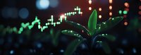 Green plant sprout growing against blurred stock market chart background with glowing candlesticks and bokeh lights, symbolizing financial growth and investment success.