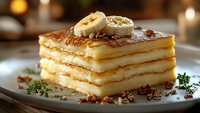 Stack of fluffy buttermilk pancakes topped with fresh banana slices, maple syrup, chopped pecans and herbs on white plate against warm bokeh background.