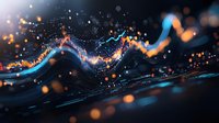 Glowing financial chart with orange and blue light trails against dark background, dynamic stock market data visualization showing price movement and trading analysis.