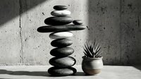 Zen stone tower with succulent plant on concrete surface creating peaceful meditation space with natural light and shadows for wellness design.