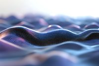Abstract digital wave pattern with glowing particles forming undulating surface in blue and purple tones, creating dynamic technological landscape for backgrounds.