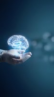 Medical professional holding glowing brain hologram representing neuroscience, mental health, artificial intelligence and healthcare innovation concepts.