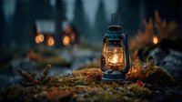 Vintage oil lantern glowing warmly on mossy forest ground with autumn leaves and bokeh lights creating cozy camping atmosphere for outdoor adventure designs.
