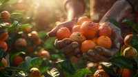 Fresh ripe tangerines in farmer hands against sunlit garden background, water drops on citrus fruits, organic harvest concept with natural bokeh.