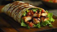 Grilled chicken wrap with fresh lettuce, tomatoes, and sauce drizzle on wooden cutting board, perfect for menu photography.