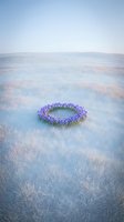 Mystical purple flower circle formation in misty meadow landscape with soft morning light creating dreamy atmospheric scene for wellness and spirituality concepts.