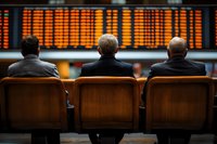 Business professionals monitoring electronic stock market board with orange digital numbers displaying financial data and market trends in trading room.